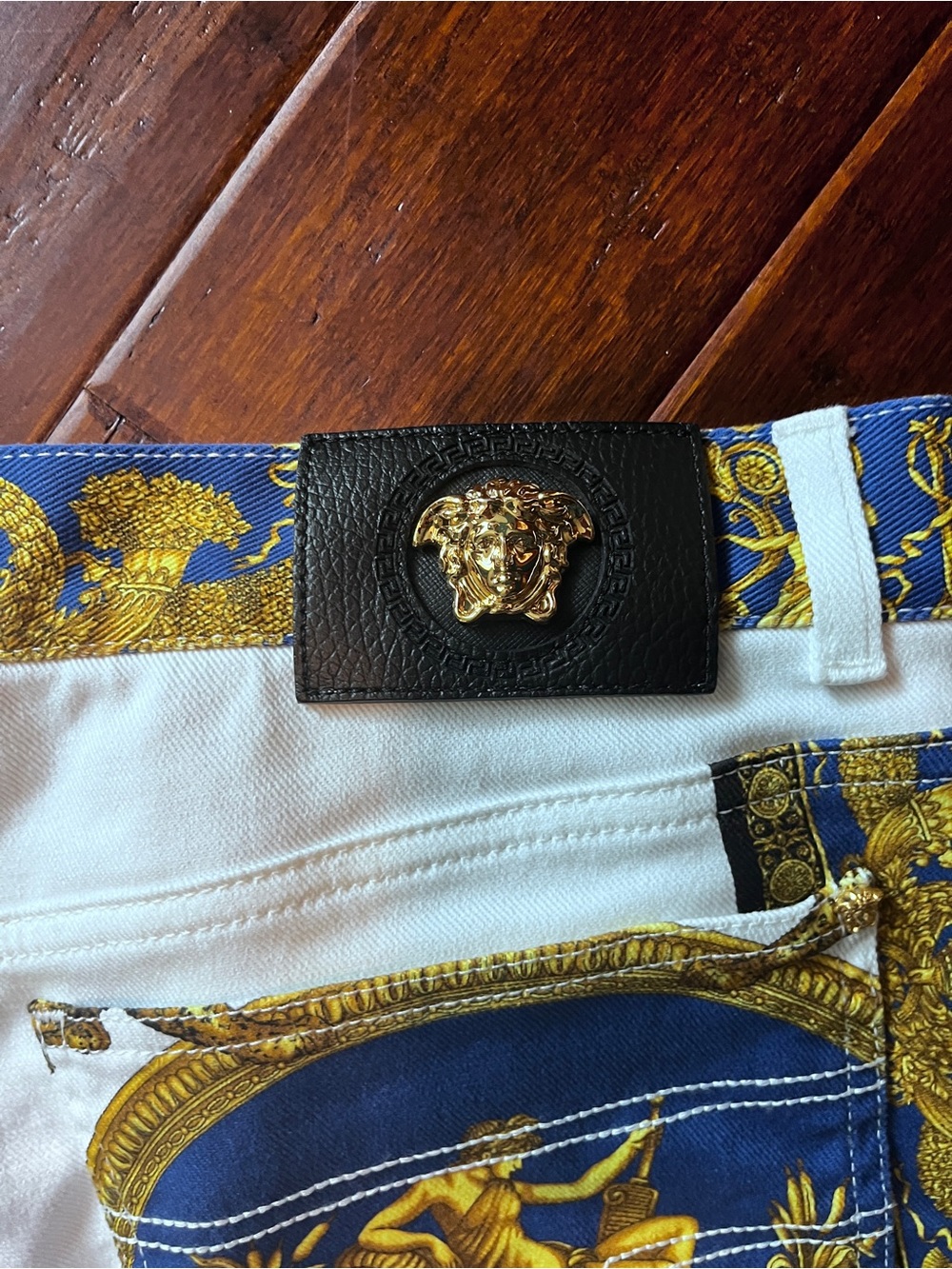 Versace Blue and Gold Baroque Trim White Pants - Picture 7 of 9